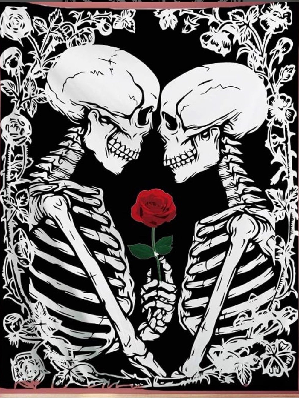 Romantic Skeleton Rose Tapestry - Black, White & Red
